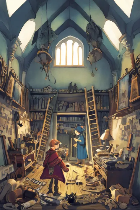 a painting of a boy in a room with a ladder and a ladder