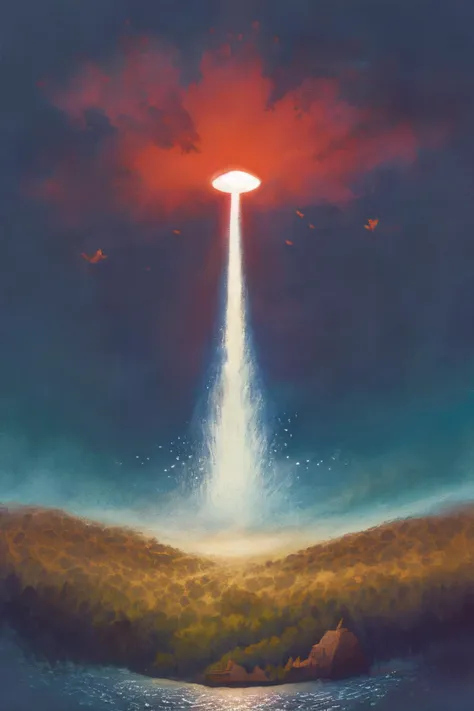 a painting of a light beam coming out of a sky