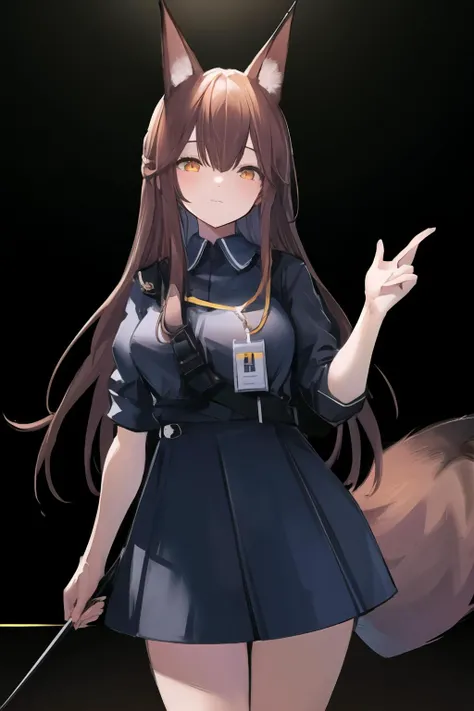 detailed illustration, close up, from below, of a mature chubby woman, FrankaBase, plump, gigantic breasts, long hair, collared shirt, grey shirt, id card, black gloves, short black skirt, black thighhighs, panty peak, thick thighs, uneven legwear, fox tail, arms behind back, standing, indoors, shopping mall, cinematic lighting, hires, volumetric lighting, highly detailed background, lights and shadows, backlit, masterpiece, <lora:add_detail:0.5> <lora:hairdetailer:0.5> <lora:FrankaArknights:1>