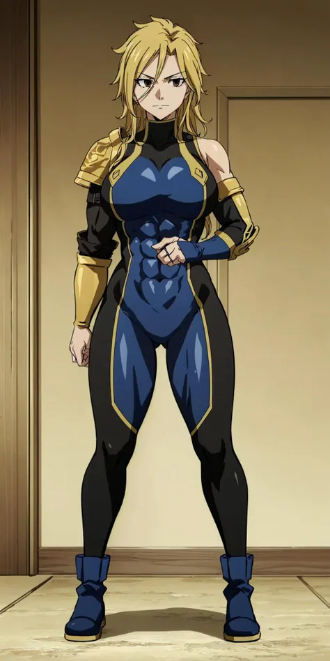 masterpiece, high quality, best quality, 1girl, (muscular:1), muscles, abs, biceps, thighs, obliques, abs lines, naval, fit, (super gigantic breasts:1.0), buffed, (closed mouth, half smile), dimaria, long hair, blonde hair, brown eyes, (blue-black bodysuit:1.0), pauldron, shoulder pads, shoulder armor, boots, skin tight, covered navel, anime screencap, anime key visual, full body <lora:DimariaYesta:1>