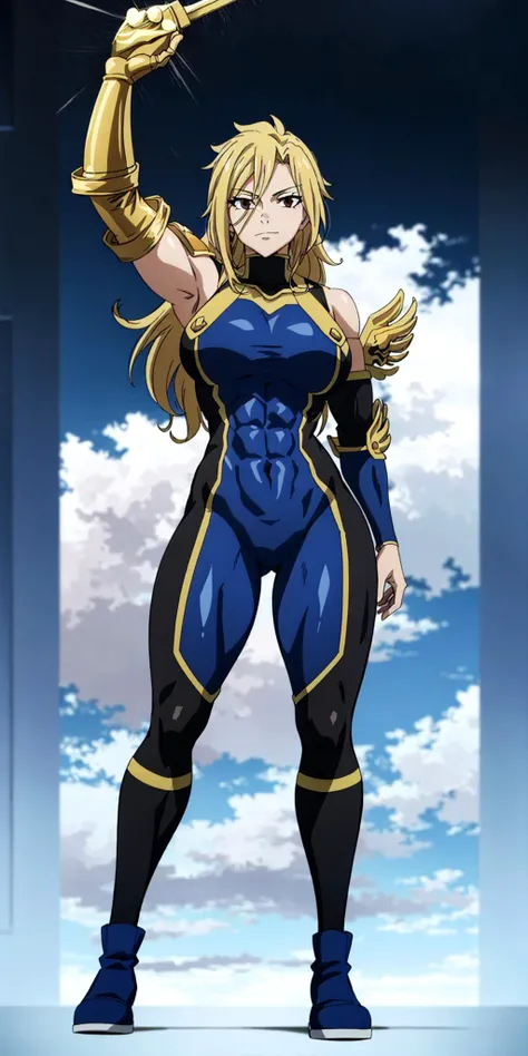 (masterpiece, best quality, ultra detailed, absurdres:1.5), 1girl, (sexy, beautiful woman, perfect face, perfect eyes, perfect female body:1.5), (muscular:1.5), (muscles, abs, biceps, obliques, abs lines, naval, ripped, fit:1.5), (super gigantic breasts), (closed mouth, half smile), spsara, blonde hair, blue eyes, earrings, cleavage, jacket, shirt:1.5, choker, black pants, gloves, belt, boots, simple background <lora:SpacePirateSara:1> <lora:animemix_v3_offset:1>