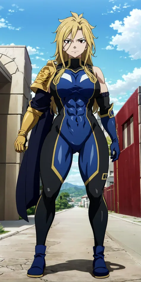 masterpiece, high quality, best quality, 1girl, (muscular:1), muscles, abs, biceps, thighs, obliques, abs lines, naval, fit, (super gigantic breasts:1.0), buffed, (closed mouth, half smile), dimaria, long hair, blonde hair, brown eyes, (blue-black bodysuit:1.0), pauldron, shoulder pads, shoulder armor, boots, skin tight, covered navel, anime screencap, anime key visual, full body <lora:DimariaYesta:1>