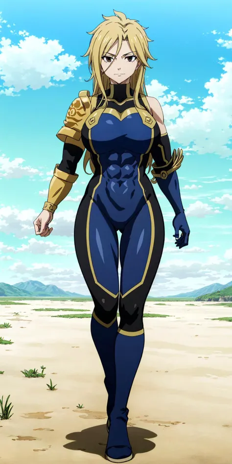 masterpiece, high quality, best quality, 1girl, (muscular:1), muscles, abs, biceps, thighs, obliques, abs lines, naval, fit, (super gigantic breasts:1.0), buffed, (closed mouth, half smile), dimaria, long hair, blonde hair, brown eyes, (blue-black bodysuit:1.0), pauldron, shoulder pads, shoulder armor, boots, skin tight, covered navel, anime screencap, anime key visual, full body <lora:DimariaYesta:1>