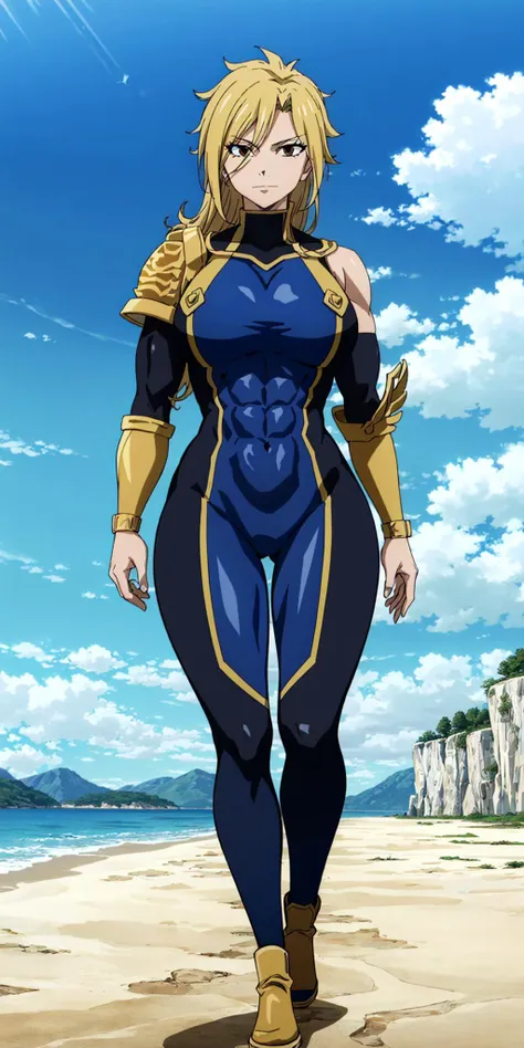 masterpiece, high quality, best quality, 1girl, (muscular:1), muscles, abs, biceps, thighs, obliques, abs lines, naval, fit, (super gigantic breasts:1.0), buffed, (closed mouth, half smile), dimaria, long hair, blonde hair, brown eyes, (blue-black bodysuit:1.0), pauldron, shoulder pads, shoulder armor, boots, skin tight, covered navel, anime screencap, anime key visual, full body <lora:DimariaYesta:1>