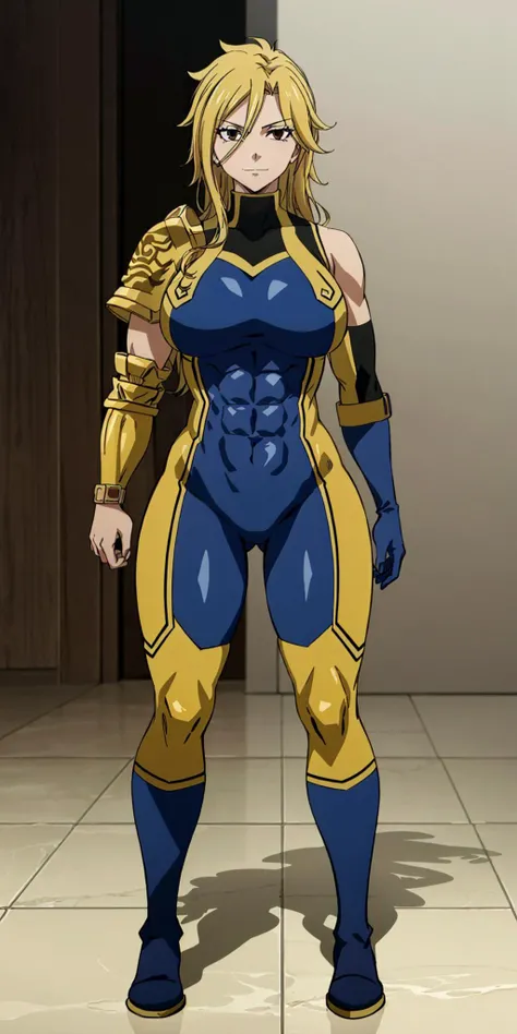 Two long thighs, yellow eyes, blonde hair, short hair, large breasts, detached sleeves, very white background, royal tiara, long cape, yellow tiger bikini, high heels, hands on hips. red tattoo on belly navel, full body female MILF BIMBO, lustful smirking smile face (red blush), metal shoulders, golden bracers sleeveless, black choker sex slave