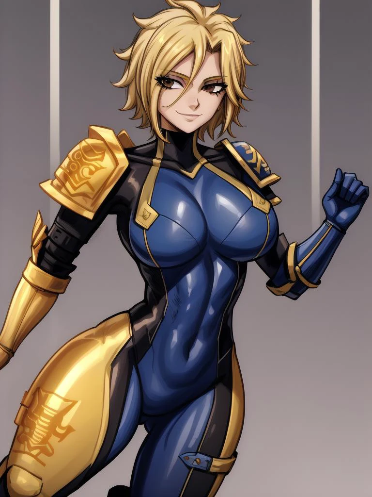 1girl, solo, dimaria, short hair, blonde hair, brown eyes, bodysuit, pauldron, shoulder pads, shoulder armor, boots, skin tight, covered navel, large breasts, light smile, close up <lora:DimariaYesta:1> <lora:add_detail:1>