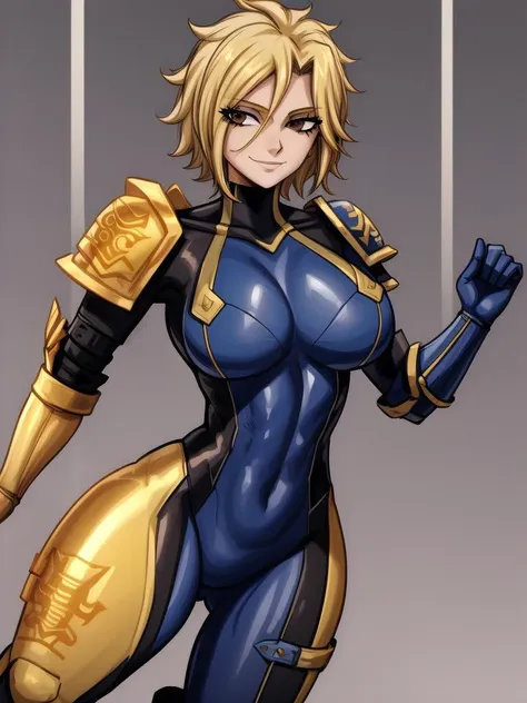 1girl, solo, dimaria, short hair, blonde hair, brown eyes, bodysuit, pauldron, shoulder pads, shoulder armor, boots, skin tight, covered navel, large breasts, light smile, close up  <lora:DimariaYesta:1> <lora:add_detail:1>