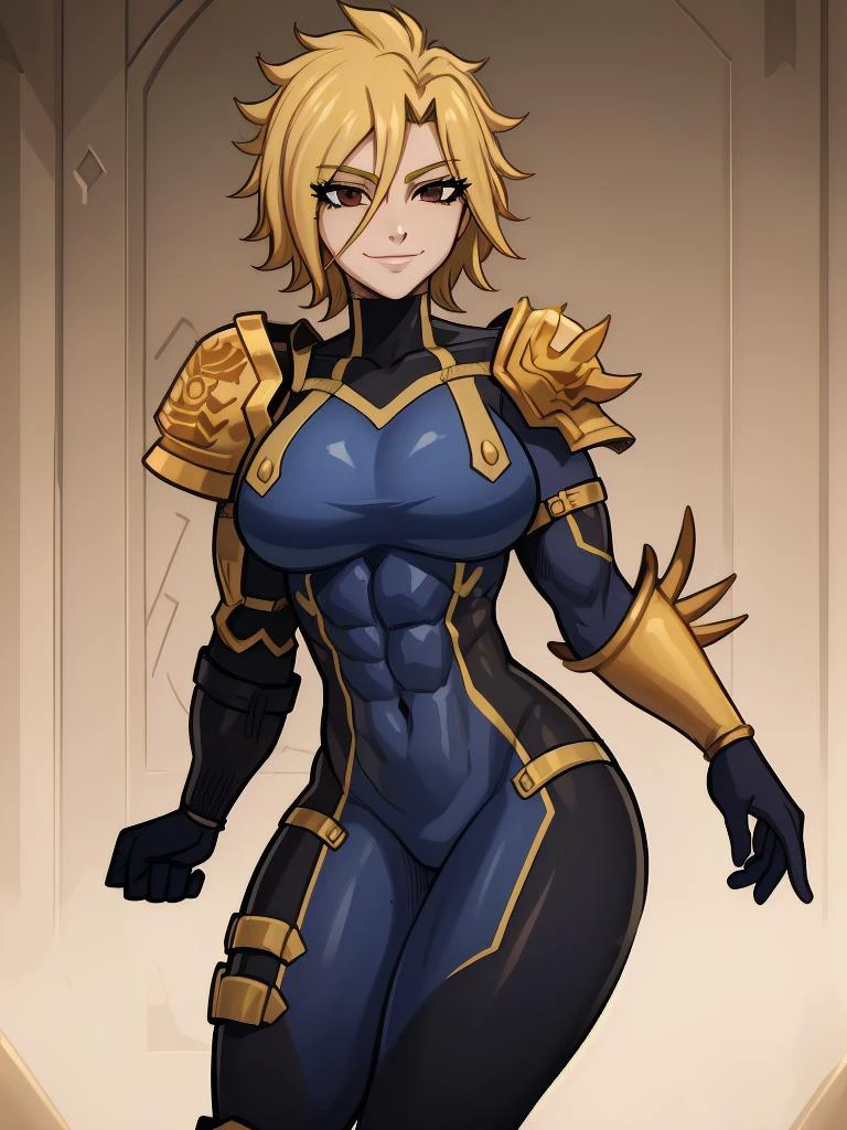 (masterpiece, best quality, absurdres:1.2), 1girl, solo, dimaria, short hair, blonde hair, brown eyes, bodysuit, pauldron, shoulder pads, shoulder armor, boots, skin tight, covered navel, large breasts, light smile, close up, (muscular:1.2), dungeon <lora:DimariaYesta:1>
