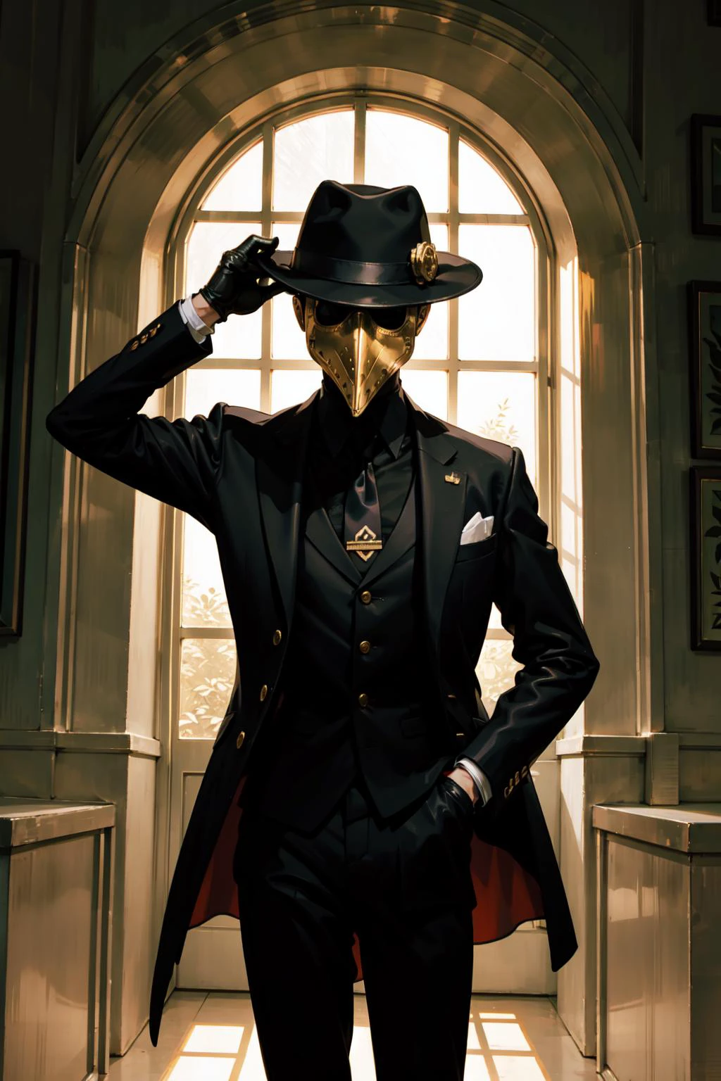 (best illustration,gold ratio:1.3),natural lighting, soft lighting, sunlight, HDR (High Dynamic Range), Maximum Clarity And Sharpness, Multi-Layered Textures,
1 male,cool,medieval doctor,gentleman,Put his right hand on the hat
black headwear, blurry, formal, hat, suit, tiles, solo, shirt, gloves,holding, jacket, male focus, necktie, black gloves, pants, black jacket, mask, black pants, fedora, black suit, Plaguecore, outfit, <lora:Plaguecore:0.5>