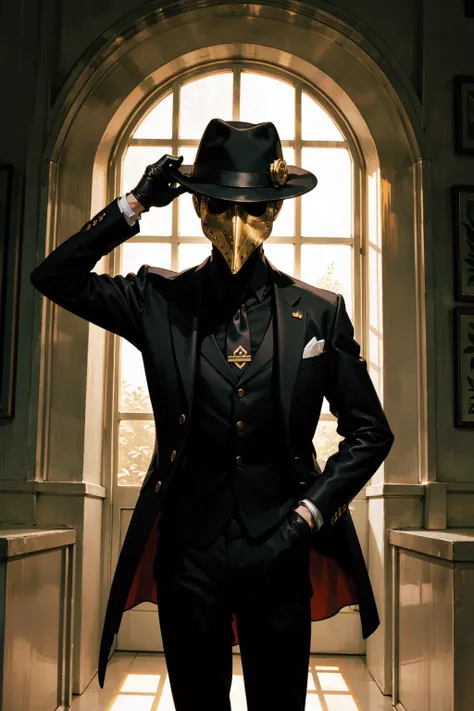 (best illustration,gold ratio:1.3),natural lighting, soft lighting, sunlight, HDR (High Dynamic Range), Maximum Clarity And Sharpness, Multi-Layered Textures,
1 male,cool,medieval doctor,gentleman,Put his right hand on the hat
black headwear, blurry, formal, hat, suit, tiles, solo, shirt, gloves,holding, jacket, male focus, necktie, black gloves, pants, black jacket, mask, black pants, fedora, black suit, Plaguecore, outfit, <lora:Plaguecore:0.5>
