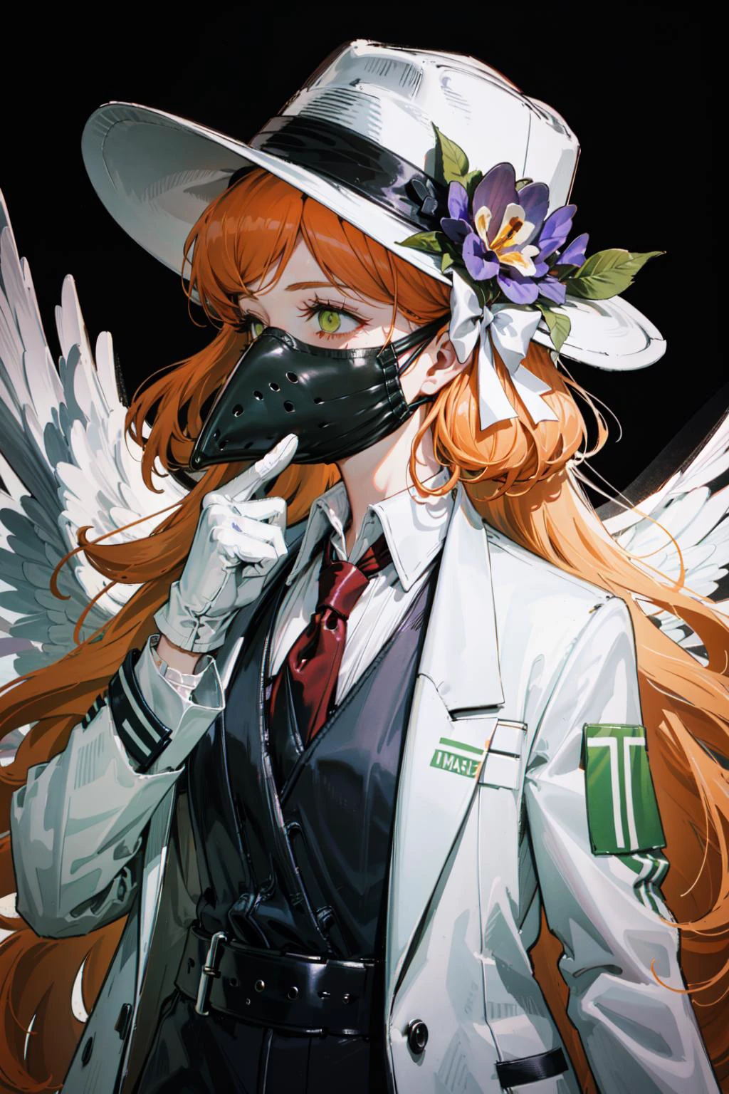 (side view,medium close-up:1.3),(,best art,best illustration,perfect ratio:1.3),natural lighting, soft lighting, sunlight, HDR (High Dynamic Range), Maximum Clarity And Sharpness, Multi-Layered Textures,
white theme,(Violet flower field theme and city's ruins background:1.3141592653589793238462643383279502884197),
(perfect hand,perfect detail fingers,white gloves,green glowing eyes:1.25),(huge white seraph wings:1.25)
1 girl,cool,medieval doctor,clean,(put his right hand on the hat:1.32),
white headwear, blurry, formal,white hat, suit, tiles, solo, shirt, jacket, male focus, necktie, white gloves, pants, white jacket,(white long beak full face mask:1.27514), white pants, fedora, white suit, Plaguecore, outfit, <lora:Plaguecore:0.418>
<lora:ishmaellimbus:1> (ishmael_limbus,long orange hair,,:1.2)