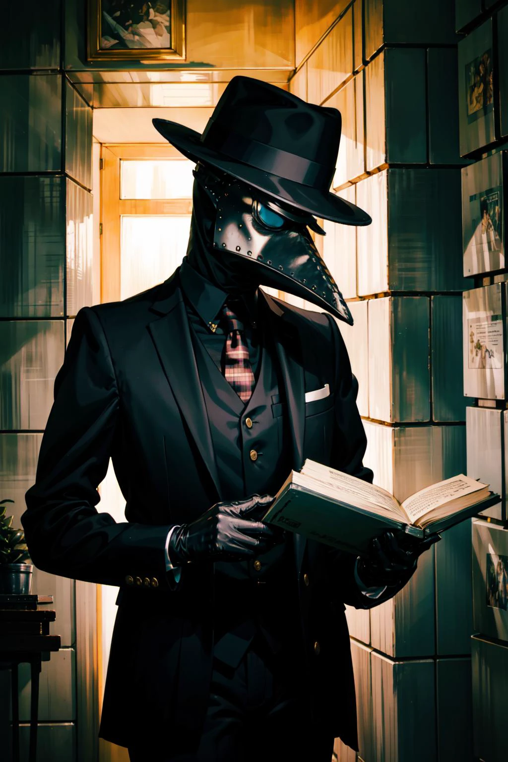 (best illustration,gold ratio:1.3),natural lighting, soft lighting, sunlight, HDR (High Dynamic Range), Maximum Clarity And Sharpness, Multi-Layered Textures,
1 male,medieval doctor,gentleman,
black headwear, blurry, formal, hat, suit, tiles, solo, shirt, gloves,holding book, jacket, male focus, necktie, black gloves, pants, black jacket, mask, black pants, fedora, black suit, Plaguecore, outfit, <lora:Plaguecore:0.8>
