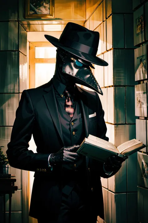 (best illustration,gold ratio:1.3),natural lighting, soft lighting, sunlight, HDR (High Dynamic Range), Maximum Clarity And Sharpness, Multi-Layered Textures,
1 male,medieval doctor,gentleman,
black headwear, blurry, formal, hat, suit, tiles, solo, shirt, gloves,holding book, jacket, male focus, necktie, black gloves, pants, black jacket, mask, black pants, fedora, black suit, Plaguecore, outfit, <lora:Plaguecore:0.8>