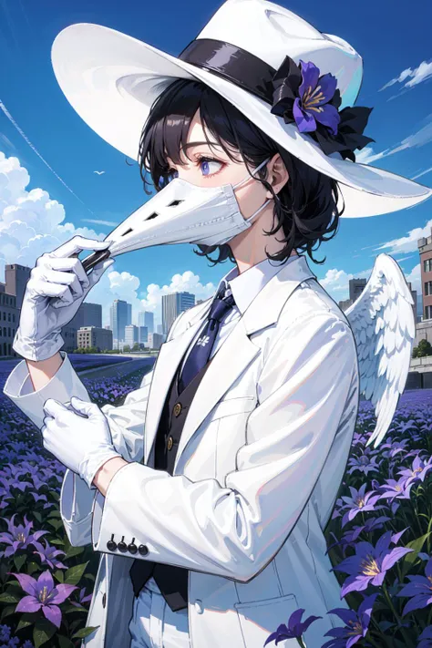 (side view,medium close-up:1.3),(,best art,best illustration,perfect ratio:1.3),natural lighting, soft lighting, sunlight, HDR (High Dynamic Range), Maximum Clarity And Sharpness, Multi-Layered Textures,
white theme,(Violet flower field theme and city's ruins background:1.3141592653589793238462643383279502884197),
(perfect hand,perfect detail fingers,white gloves:1.25),(huge white angel wings:1.25)
1 girl,cool,medieval doctor,clean,(put his right hand on the hat:1.32),
white headwear, blurry, formal,white hat, suit, tiles, solo, shirt, jacket, male focus, necktie, white gloves, pants, white jacket,(white long beak full face mask:1.14514), white pants, fedora, white suit, Plaguecore, outfit, <lora:Plaguecore:0.418>