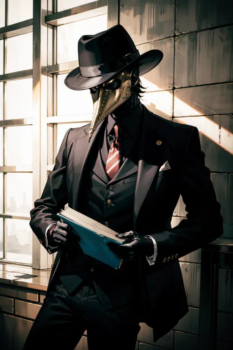 (best illustration,gold ratio:1.3),natural lighting, soft lighting, sunlight, HDR (High Dynamic Range), Maximum Clarity And Sharpness, Multi-Layered Textures,
1 male,medieval doctor,gentleman,
black headwear, blurry, formal, hat, suit, tiles, solo, shirt, gloves,holding book, jacket, male focus, necktie, black gloves, pants, black jacket, mask, black pants, fedora, black suit, Plaguecore, outfit, <lora:Plaguecore:0.5>