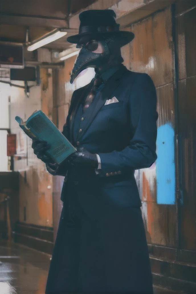 1 man,handsome guy, tough guy,body builder,,black_headwear, blurry, formal, hat, suit, tiles, solo, shirt, gloves,holding, jacket, male_focus, necktie, black_gloves, pants, black_jacket, mask, black_pants, fedora, black_suit, long coat,bible,in subway,busy people
Plaguecore, outfit <lora:Plaguecore:0.8>
<lora:OilPaint:0.8>
<lora:jellyfish-noise:0.2>
<lora:msw_v10:1>