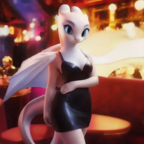 nublessv1,anthro female,dragon,membranous wings, white body, blue eyes, pink eyeshadow, little black dress, bodycon dress,club 