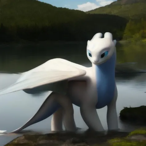 nublessv1,feral female,dragon,membranous wings, white body, blue eyes,tail, lake<lora:nublessv1:1>