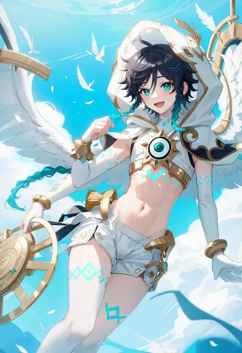 best quality,masterpiece,highres,solo,1boy, absurdres, androgynous, White_hair, White _hair, character_name, chest_tattoo, commentary, crop_top, english_text, feathered_wings, gradient_hair, green_eyes, happy_birthday, highres, hood_up, hooded_capelet, kkopoli, light, male_focus, midriff, official_alternate_costume, open_mouth, short_hair_with_long_locks, simple_background, smile, solo, twin_braids, venti_\(archon\)_\(genshin_impact\), venti_\(genshin_impact\), white_shorts, white_thighhighs, white_wings