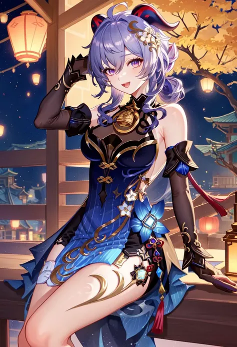 best quality,masterpiece,highres,solo,<lora:genshin_107_v1:1>,1girl, :d, adjusting_hair, black_gloves, black_sleeves, blue_dress, blue_hair, blurry_foreground, commentary_request, detached_sleeves, east_asian_architecture, fireworks, ganyu_\(genshin_impact\), ganyu_\(twilight_blossom\)_\(genshin_impact\), goat_horns, hair_between_eyes, hair_up, highres, large_breasts, looking_at_viewer, neck_bell, official_alternate_costume, official_alternate_hairstyle, pelvic_curtain, pi_tayuko, purple_eyes, side_slit, sitting, sleeveless_dress, solo, tree