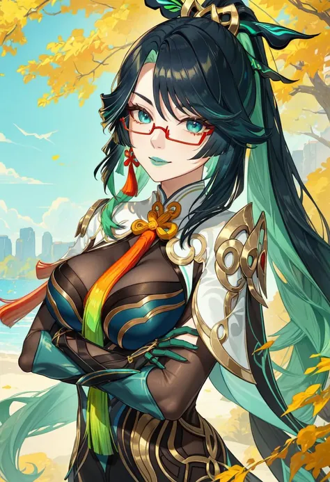 best quality,masterpiece,highres,solo,<lora:genshin_107_v1:1>,1girl, aqua_eyes, aqua_lips, black_hair, bodystocking, closed_mouth, cloud_retainer_\(genshin_impact\), colored_inner_hair, crossed_arms, eyeshadow, glasses, gloves, green_hair, hair_ornament, highres, large_breasts, long_sleeves, looking_at_viewer, red-framed_eyewear, semi-rimless_eyewear, smile, solo, tassel_earrings, two-tone_hair, very_long_hair, xianyun_\(genshin_impact\), xxchicoxxf
