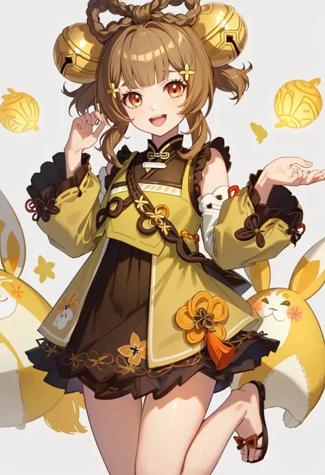 1girl, animal_ears, arm_warmers, back_bow, black_pantyhose, bow, brown_hair, commentary_request, cowboy_shot, emo_(mikan), flower_knight_girl, frills, hair_bow, helenium_(flower_knight_girl), leotard, long_hair, looking_at_viewer, low_twintails, pantyhose, pink_bow, rabbit_ears, solo, tears, twintails, white_background, yellow_bow, yellow_eyes, yellow_leotard