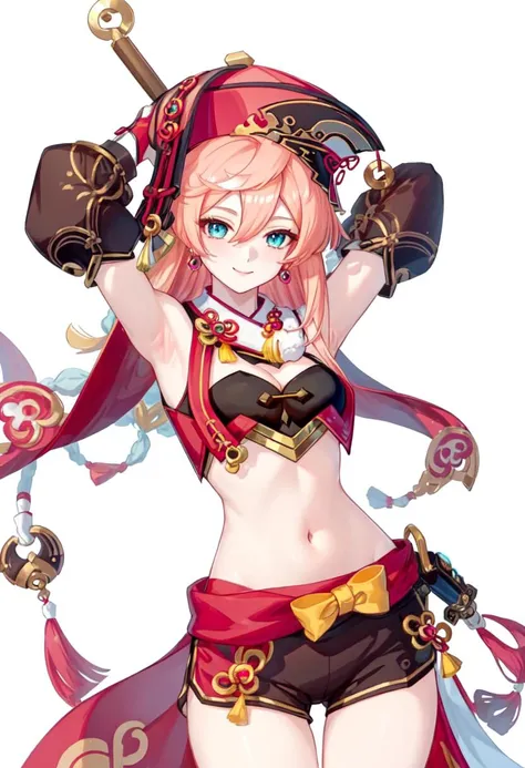 best quality,masterpiece,highres,solo,<lora:genshin_107_v1:1>,1girl, aqua_eyes, armpits, arms_up, black_shorts, chinese_commentary, cleavage, commentary_request, cowboy_shot, crop_top, detached_sleeves, highres, long_sleeves, looking_at_viewer, midriff, navel, pink_hair, pom_pom_\(clothes\), red_headwear, shuihuang, simple_background, small_breasts, smile, solo, standing, stomach, very_long_hair, white_background, yanfei_\(genshin_impact\)