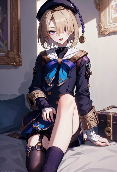 best quality,masterpiece,highres,solo,<lora:genshin_107_v1:1>,1boy, androgynous, blonde_hair, blue_headwear, blue_jacket, blush, freckles, freminet_\(genshin_impact\), grey_socks, hair_over_one_eye, long_sleeves, looking_at_viewer, looking_down, male_focus, medium_hair, one_eye_covered, open_mouth, purple_eyes, shorts, solo, teeth, twitter_username, wglf