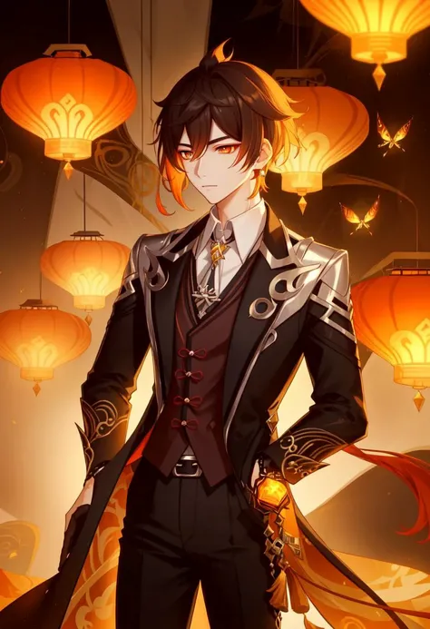 best quality,masterpiece,highres,solo,<lora:genshin_107_v1:1>,1boy, arms_behind_back, black_coat, black_hair, closed_mouth, collared_shirt, colored_tips, cowboy_shot, crystalfly_\(genshin_impact\), glowing, hair_between_eyes, highres, higuhii, long_sleeves, looking_to_the_side, male_focus, orange_eyes, orange_hair, pants, paper_lantern, short_hair, solo, two-tone_hair, vest, white_necktie, zhongli_\(genshin_impact\)