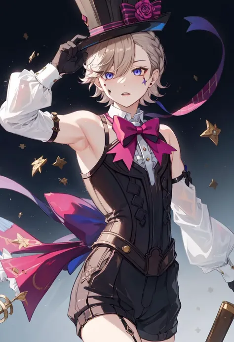 best quality,masterpiece,highres,solo,<lora:genshin_107_v1:1>,1boy, absurdres, armpits, bishounen, blouse, bowtie, cowboy_shot, gloves, hair_over_one_eye, highres, lyney_\(genshin_impact\), male_focus, reaching_towards_viewer, short_hair, sleeveless, solo, teardrop_tattoo, top_hat, yu_no6767
