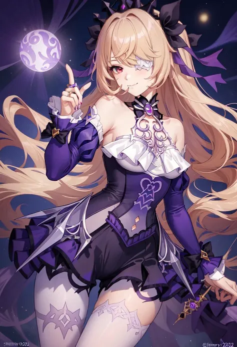 score_9,score_8_up,score_7_up,<lora:genshin_v4:0.8>,1girl, absurdres, bare_shoulders, bat_ornament, black_ribbon, blonde_hair, bridal_gauntlets, collar, dress, eyepatch, fischl_\(genshin_impact\), garter_straps, gloves, green_eyes, hair_over_one_eye, hair_ribbon, highres, korean_commentary, leotard, long_hair, looking_at_viewer, purple_bowtie, purple_ribbon, single_bridal_gauntlet, single_thighhigh, small_breasts, smile, solo, standing, tailcoat, two_side_up