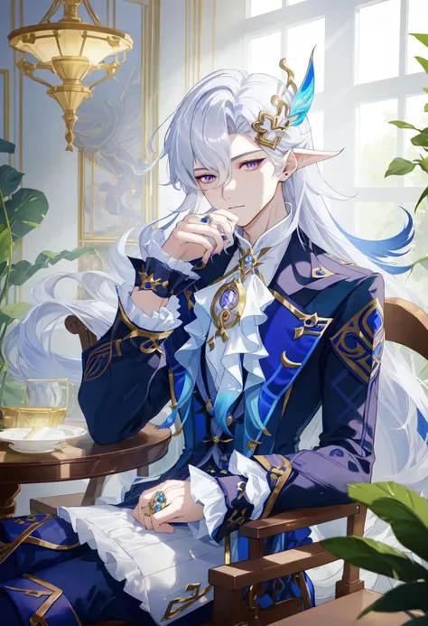 best quality,masterpiece,highres,solo,<lora:genshin_107_v1:1>,1boy,absurdres,asymmetrical_bangs,blue_coat,blue_eyeshadow,blue_gloves,blue_hair,blue_pants,blurry_foreground,brooch,buttons,chandelier,closed_mouth,commentary_request,crossed_legs,eyelashes,frilled_sleeves,glint,gold_trim,hair_between_eyes,hair_ornament,hand_up,head_rest,highres,indoors,komiya_latte,lapels,leaf,lily_\(flower\),long_hair,long_sleeves,looking_at_viewer,male_focus,neuvillette_\(genshin_impact\),on_chair,parted_bangs,plant,pointy_ears,purple_eyes,serious,sitting,sleeve_cuffs,solo,streaked_hair,white_ascot,white_hair,white_rose,