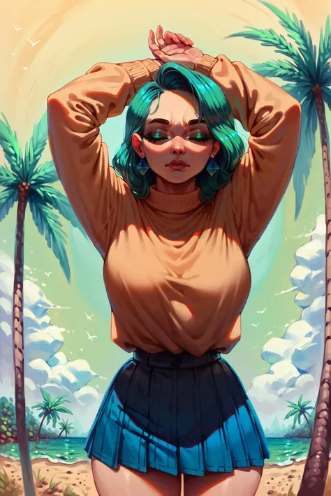 score_9,score_8_up,score_7_up,score_6_up,score_5_up,score_4_up palm tree, arms raised, turquoise eyes, witch, sweater,pleated skirt, beehive haircut, closed eyes,, <lora:fiz-rot_pony_v3:0.8>, adult, mature