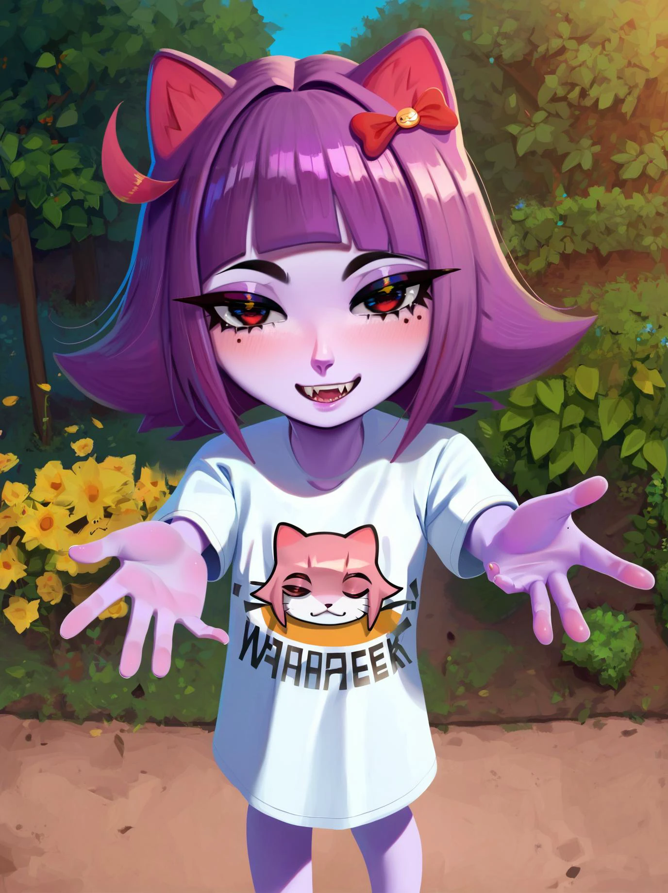 score_9, score_8_up, score_7_up, best quality, masterpiece, uncensored, source_anime
BREAK
1girl, outdoors, past fingers, smile, teeth, outstretched hand, reaching towards viewer, (''Z'' print on shirt:1.2),
masunya, masyunya (vkontakte), masyunya /(vkontakte/), cat ears, purple skin color, hair bow, <lora:masunya-masyunya_ponyXL_v1:0.8>
<lora:fiz-rot_pony_v3:1>