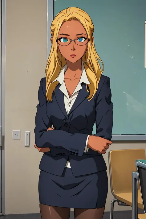 (masterpiece, best quality), 1girl, <lora:AmagiBrilliantPark_Ashe:0.8> ashe, dark skin, blonde hair, aqua eyes, long hair, glasses, forehead, suit, pencil skirt, pantyhose