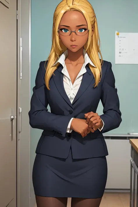 (masterpiece, best quality), 1girl, <lora:AmagiBrilliantPark_Ashe:0.8> ashe, dark skin, blonde hair, aqua eyes, long hair, glasses, forehead, suit, pencil skirt, pantyhose