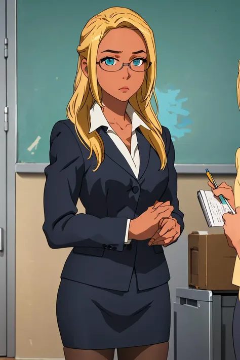 (masterpiece, best quality), 1girl, <lora:AmagiBrilliantPark_Ashe:0.8> ashe, dark skin, blonde hair, aqua eyes, long hair, glasses, forehead, suit, pencil skirt, pantyhose