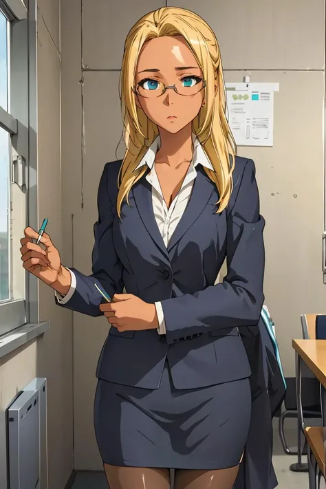 (masterpiece, best quality), 1girl, <lora:AmagiBrilliantPark_Ashe:0.8> ashe, dark skin, blonde hair, aqua eyes, long hair, glasses, forehead, suit, pencil skirt, pantyhose