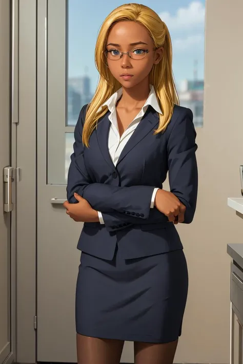 (masterpiece, best quality), 1girl, <lora:AmagiBrilliantPark_Ashe:0.8> ashe, dark skin, blonde hair, aqua eyes, long hair, glasses, forehead, suit, pencil skirt, pantyhose