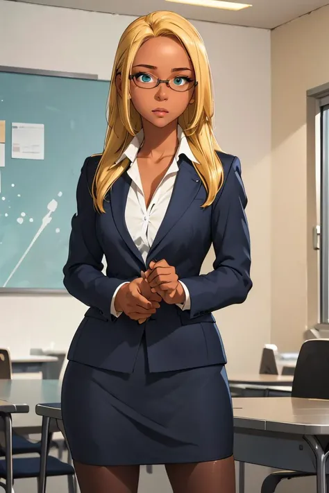 (masterpiece, best quality), 1girl, <lora:AmagiBrilliantPark_Ashe:0.8> ashe, dark skin, blonde hair, aqua eyes, long hair, glasses, forehead, suit, pencil skirt, pantyhose