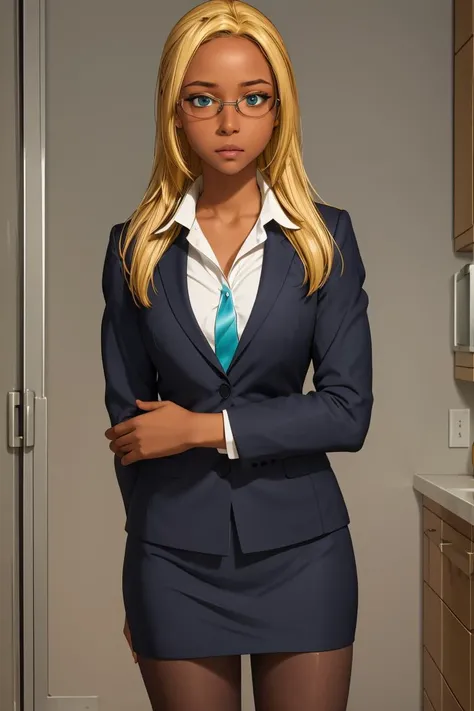 (masterpiece, best quality), 1girl, <lora:AmagiBrilliantPark_Ashe:0.8> ashe, dark skin, blonde hair, aqua eyes, long hair, glasses, forehead, suit, pencil skirt, pantyhose