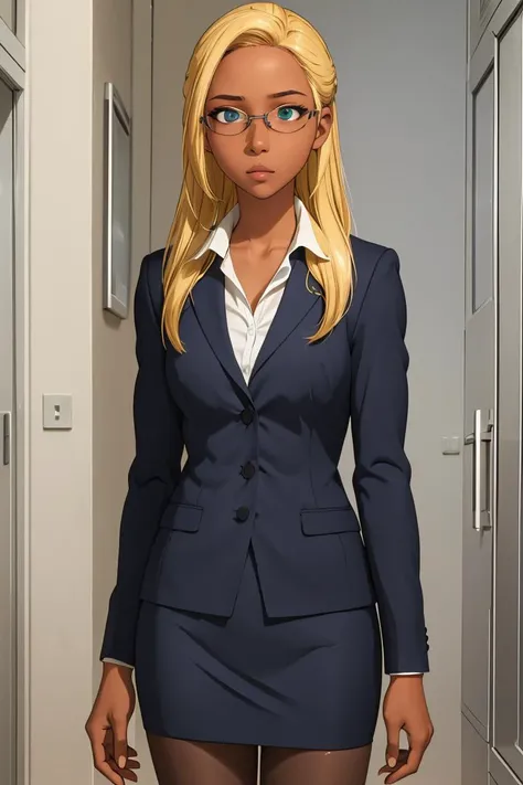 (masterpiece, best quality), 1girl, <lora:AmagiBrilliantPark_Ashe:0.8> ashe, dark skin, blonde hair, aqua eyes, long hair, glasses, forehead, suit, pencil skirt, pantyhose