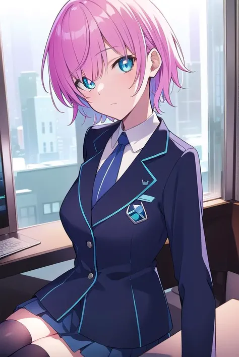 ririyuuhi, <lora:ririyuuhitest:1>, 
riri yuuhi, aqua eyes, pink hair, short hair, hair pin,
BREAK blue footwear, blue jacket, buttons, jacket, long sleeves, miniskirt, necktie, school uniform, skirt, thighhighs, zettai ryouiki,
BREAK looking at viewer,
BREAK indoors,
BREAK <lora:GoodHands-vanilla:1>, (masterpiece:1.2), best quality, high resolution, unity 8k wallpaper, (illustration:0.8), (beautiful detailed eyes:1.6), extremely detailed face, perfect lighting, extremely detailed CG, (perfect hands, perfect anatomy),