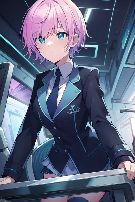 ririyuuhi, <lora:ririyuuhitest:1>, 
riri yuuhi, aqua eyes, pink hair, short hair, hair pin,
BREAK blue footwear, blue jacket, buttons, jacket, long sleeves, miniskirt, necktie, school uniform, skirt, thighhighs, zettai ryouiki,
BREAK looking at viewer,
BREAK indoors,
BREAK <lora:GoodHands-vanilla:1>, (masterpiece:1.2), best quality, high resolution, unity 8k wallpaper, (illustration:0.8), (beautiful detailed eyes:1.6), extremely detailed face, perfect lighting, extremely detailed CG, (perfect hands, perfect anatomy),