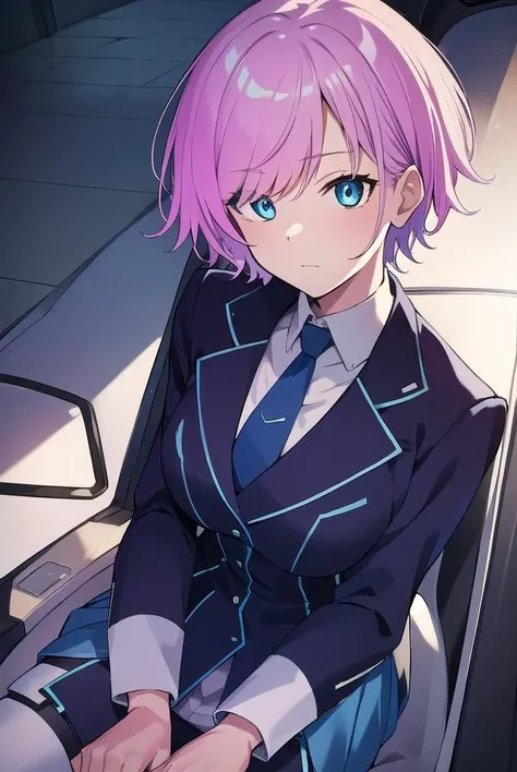 ririyuuhi, <lyco:ririyuuhi-LYCORIStest:1>, 
riri yuuhi, aqua eyes, pink hair, short hair, hair pin,
BREAK blue footwear, blue jacket, buttons, jacket, long sleeves, miniskirt, necktie, school uniform, skirt, thighhighs, zettai ryouiki,
BREAK looking at viewer,
BREAK indoors,
BREAK <lora:GoodHands-vanilla:1>, (masterpiece:1.2), best quality, high resolution, unity 8k wallpaper, (illustration:0.8), (beautiful detailed eyes:1.6), extremely detailed face, perfect lighting, extremely detailed CG, (perfect hands, perfect anatomy),