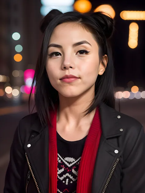 close-up portrait photo of ( 4nn44k4n4_V2-Emb ), (in the middle of a busy night time street)++, 8k uhd, high quality, dramatic, bokeh