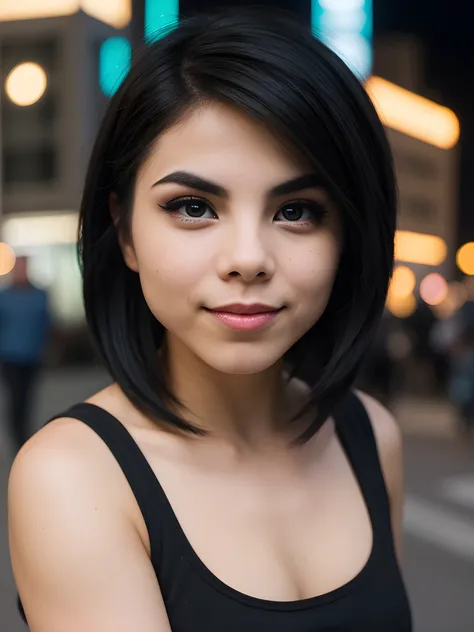 close-up portrait photo of 4nn44k4n4_V3-Emb, black hair , makeup, in the middle of a busy night time street, 8k uhd, high quality, dramatic, bokeh, dramatic lighting, camera f1.6 lens , hyper realistic , lifelike texture