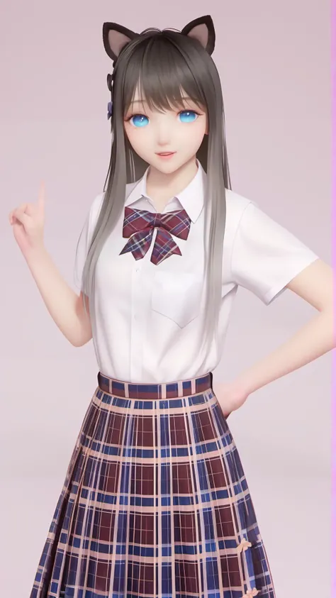(8k, best quality, masterpiece), (ultra-detailed:1.1), (high detailed skin),1girl, bangs, black_hair, blue_eyes, bow, bowtie, checkered_skirt, cowboy_shot, gradient, gradient_background, index_finger_raised, long_hair, looking_at_viewer, plaid, plaid_bow, plaid_bowtie, plaid_skirt, pleated_skirt, pointing, school_uniform, shirt, short_sleeves, skirt, solo, white_shirt,<lora:lumi_xl:0.8>