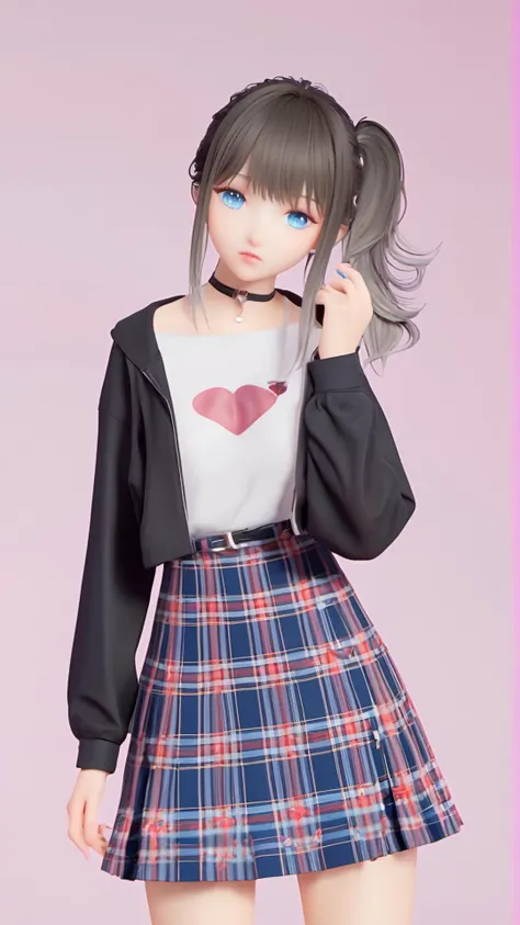 (8k, best quality, masterpiece), (ultra-detailed:1.1), (high detailed skin),1girl, bangs, black_choker, black_nails, black_shirt, blue_background, blue_eyes, checkered_skirt, choker, cowboy_shot, gradient, gradient_background, grey_skirt, heart, long_sleeves, looking_at_viewer, nail_polish, parted_lips, pink_nails, plaid, plaid_dress, plaid_jacket, plaid_pants, plaid_shirt, plaid_skirt, red_nails, shirt, skirt, solo, standing, unmoving_pattern,<lora:lumi_xl:0.8>