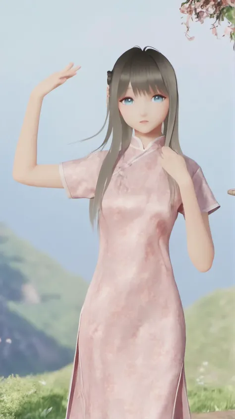 (8k, best quality, masterpiece), (ultra-detailed:1.1), (high detailed skin),1girl, arm_up, bangs, breasts, china_dress, chinese_clothes, cowboy_shot, day, dress, floral_print, hand_on_hip, long_hair, looking_at_viewer, outdoors, pink_dress, print_dress, short_sleeves, solo, standing,<lora:lumi_xl:1>